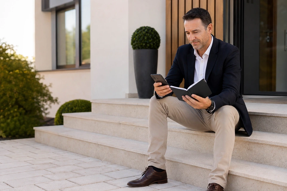 Symbolische Vorbereitung eines Immobilientermins im Freien